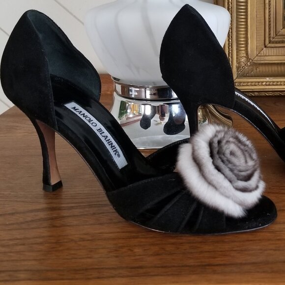 Manolo Blahnik Shoes / Heels / Pumps Black Suede Lush Chinchilla Rose Size 5 - Picture 6 of 11